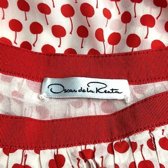 Oscar De La Renta Red & Cream Cherry Print Silk Pleated Skirt size US 00 - Picture 8 of 11